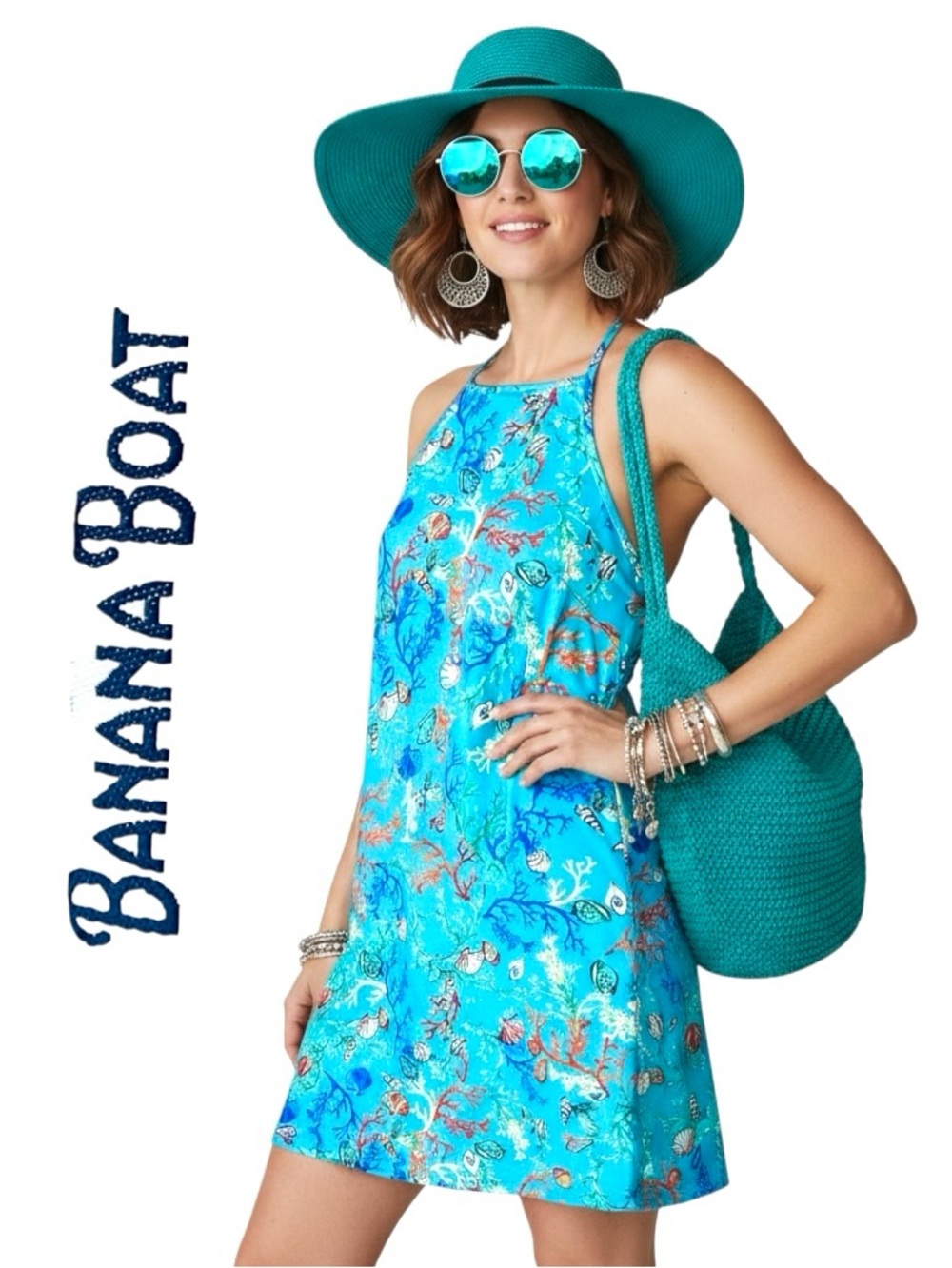 Banana Boat Dress Resort UPF 50+ Teal Coral Reef Sea Underwater Life Sz L NEW